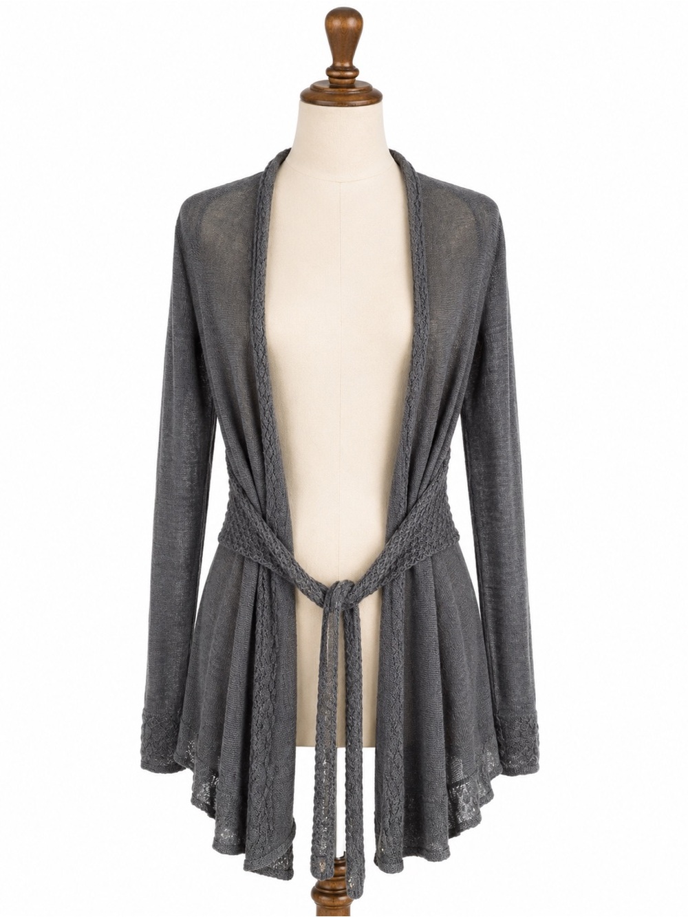Anthropologie Gray Wrap Cardigan Sweater XS Belt Lace Wool